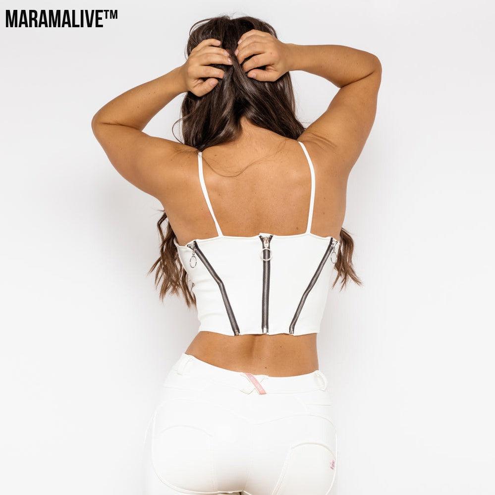 Shascullfites Melody White Pu Leather Shapers Zippers Crop Top Gothic Women Slim Fit Tops Sleeveless Straps Tank Top