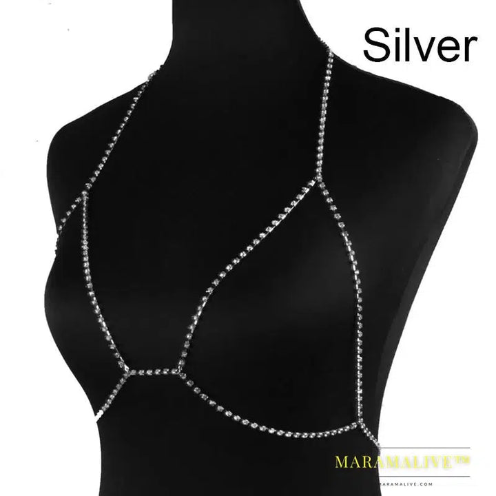 Shiny Choker Necklace Rhinestone Body Chains Summer Beach Simple Cross Sexy Bra Chain Crystal Bikini Top for Women