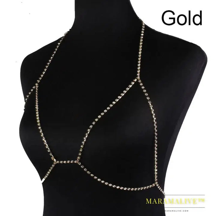 Shiny Choker Necklace Rhinestone Body Chains Summer Beach Simple Cross Sexy Bra Chain Crystal Bikini Top for Women