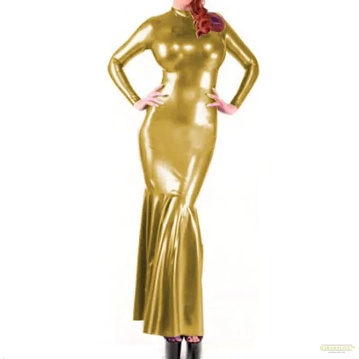 Shiny Metallic High Neck Long Sleeve Mermaid Evening Gown Dress Bodycon Maxi Clubwear for Women