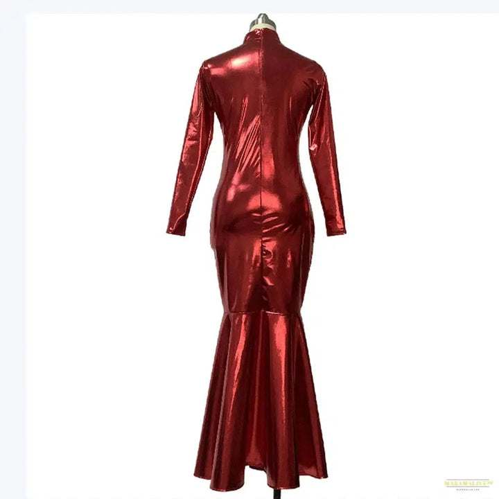 Shiny Metallic High Neck Long Sleeve Mermaid Evening Gown Dress Bodycon Maxi Clubwear for Women