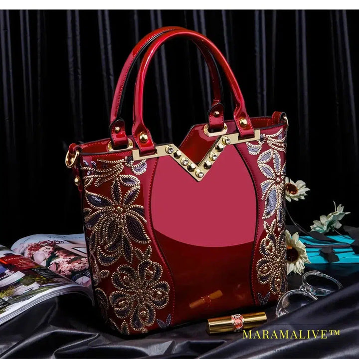 Shiny Patent Leather Embroidery Shoulder Bag Female Party Bags Brand Designer Handbags Large Capacity Women Cross Body Tote