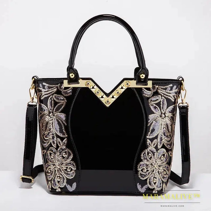 Shiny Patent Leather Embroidery Shoulder Bag Female Party Bags Brand Designer Handbags Large Capacity Women Cross Body Tote