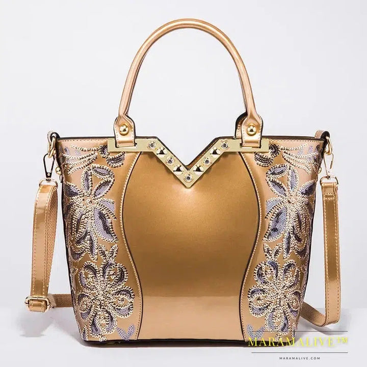 Shiny Patent Leather Embroidery Shoulder Bag Female Party Bags Brand Designer Handbags Large Capacity Women Cross Body Tote