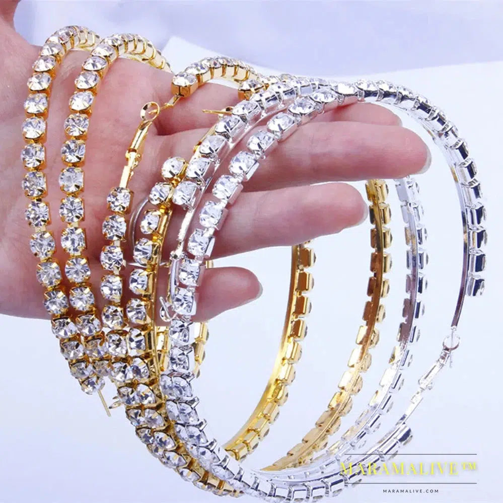 Shiny Rhinestone Big Hoop Earrings for Women Round Circle Aros Aretes Round Hoop Earrings Jewelry for Gift Female