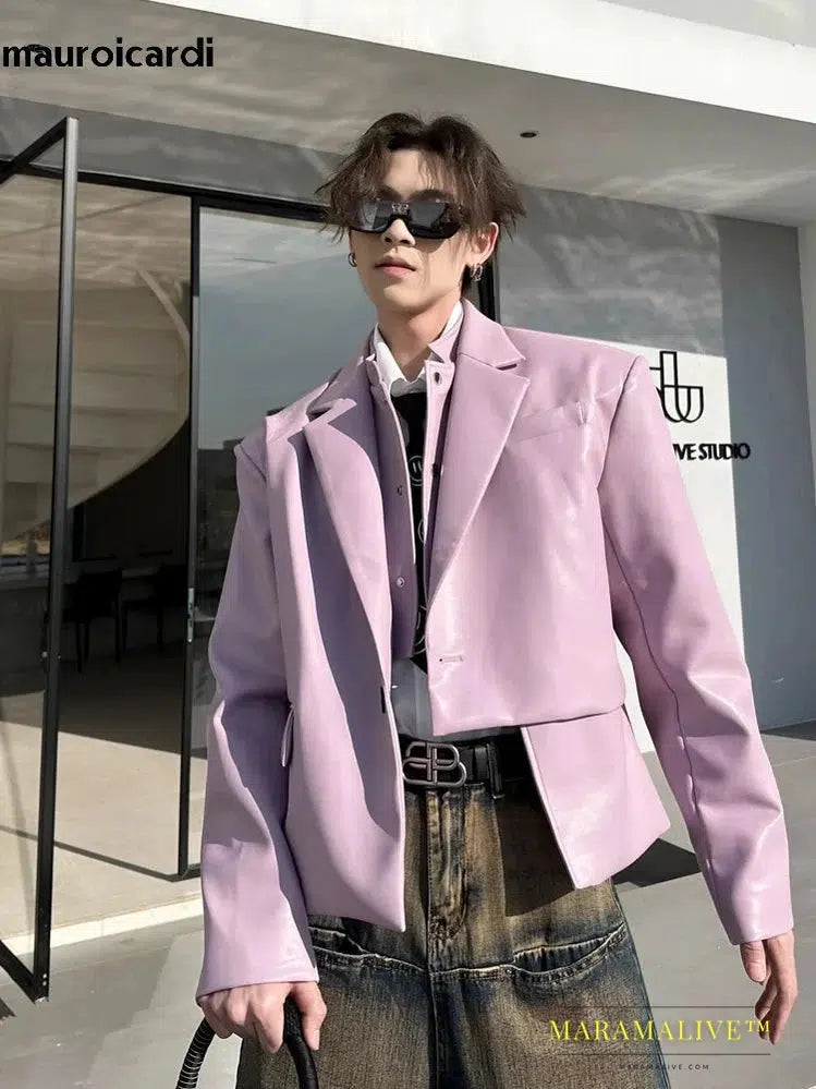 Short Loose Casual Black Purple Soft Pu Leather Blazer Jacket Men Luxury Designer Fake 2 Clothes 2023