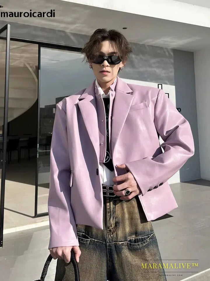 Short Loose Casual Black Purple Soft Pu Leather Blazer Jacket Men Luxury Designer Fake 2 Clothes 2023