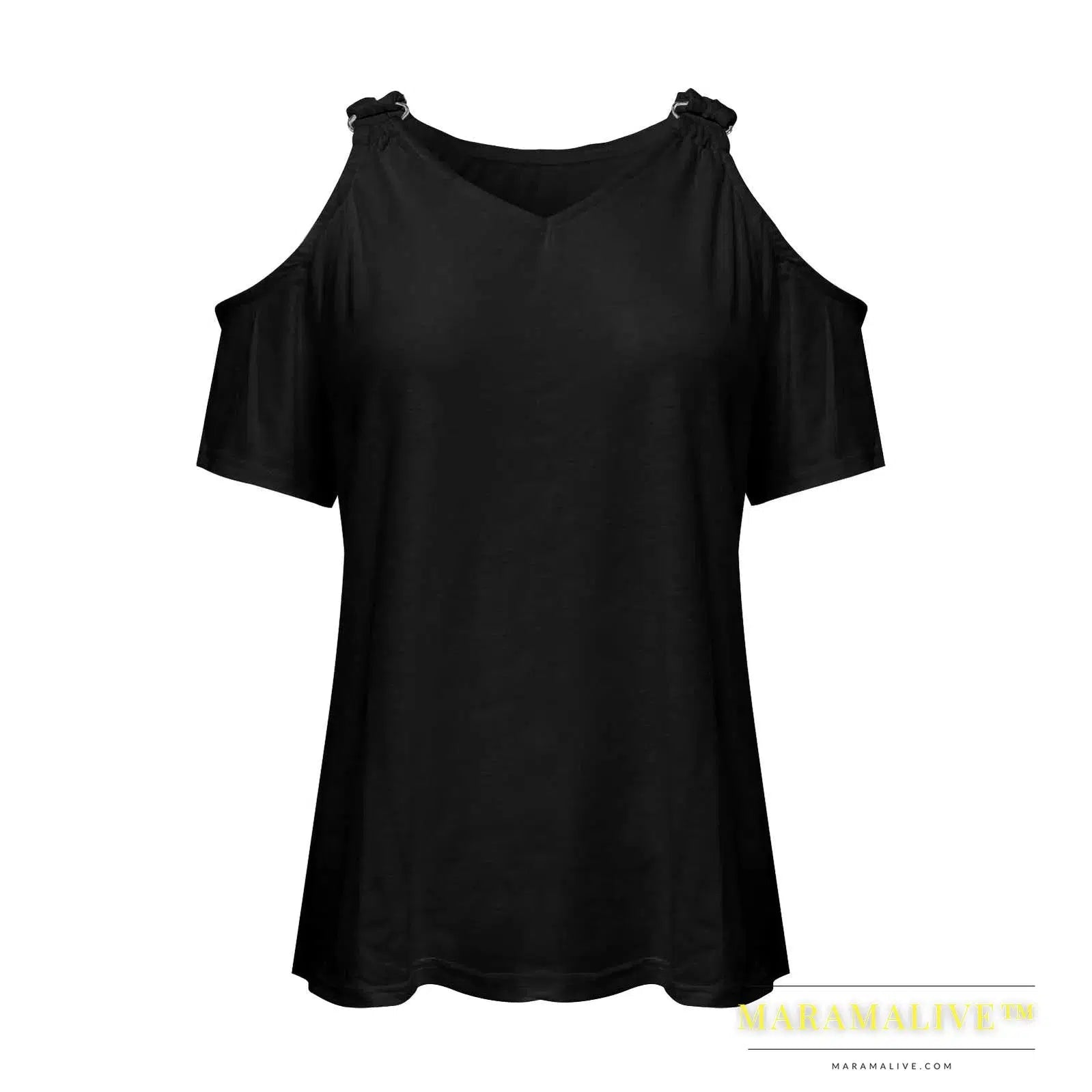 Short Sleeves Summer T-shirt Women Solid Metal Style Cold Shoulder Sexy V Neck Casual Slim Shirts Elegant Ladies Fashion Blouses