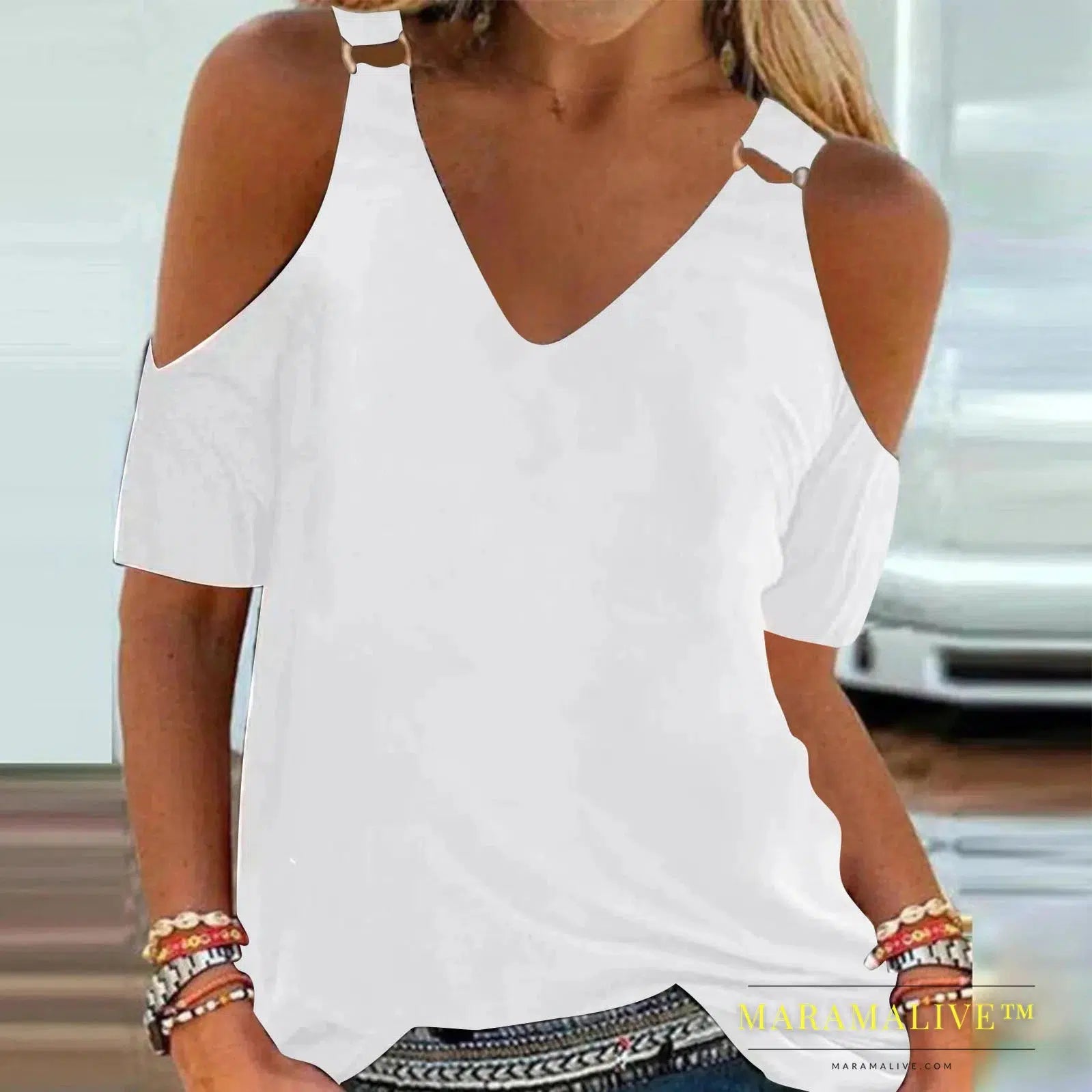 Short Sleeves Summer T-shirt Women Solid Metal Style Cold Shoulder Sexy V Neck Casual Slim Shirts Elegant Ladies Fashion Blouses