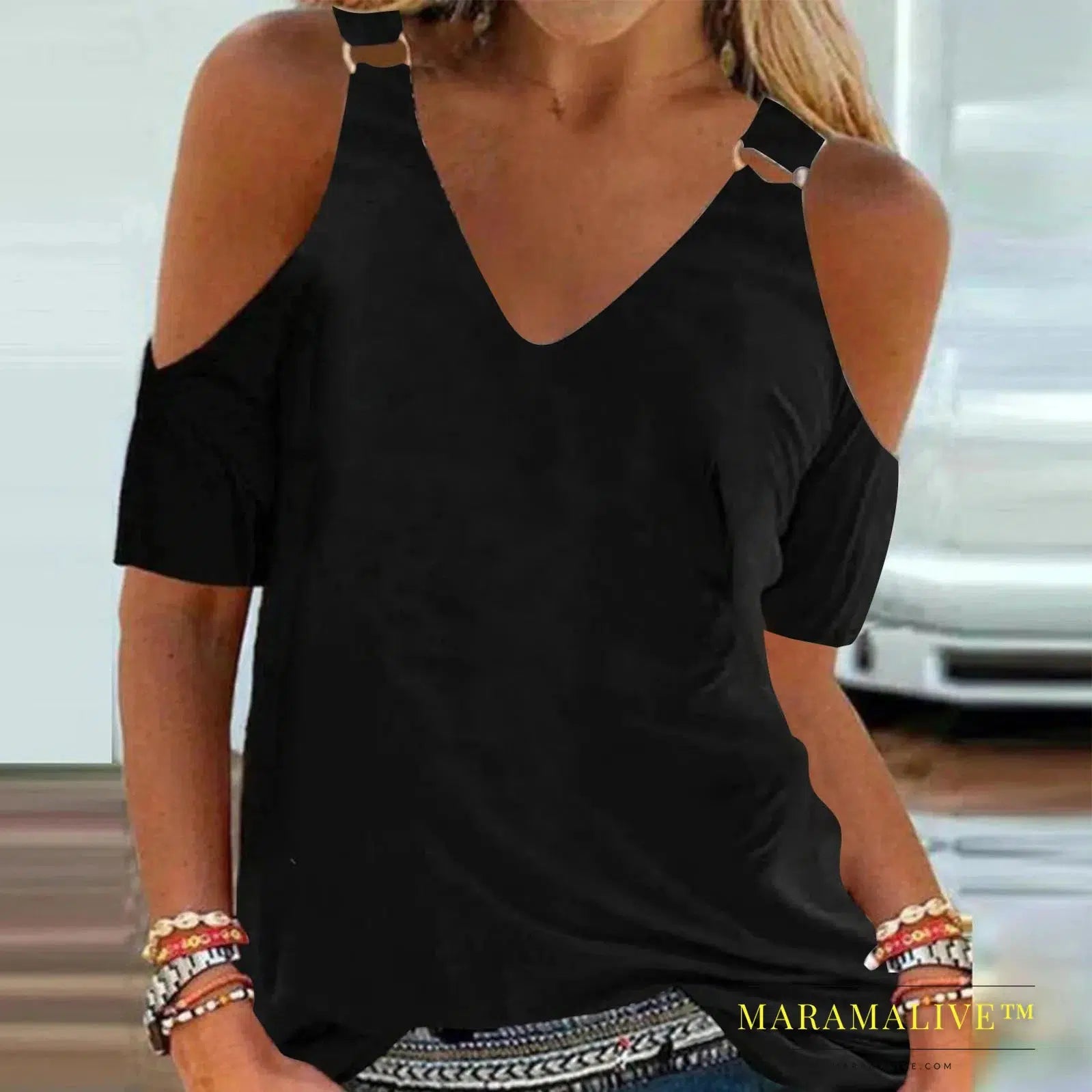 Short Sleeves Summer T-shirt Women Solid Metal Style Cold Shoulder Sexy V Neck Casual Slim Shirts Elegant Ladies Fashion Blouses