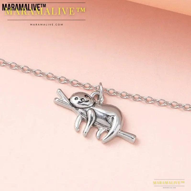 Silver Color Slow Down Be Happy Slider Sloth Pendant Necklaces