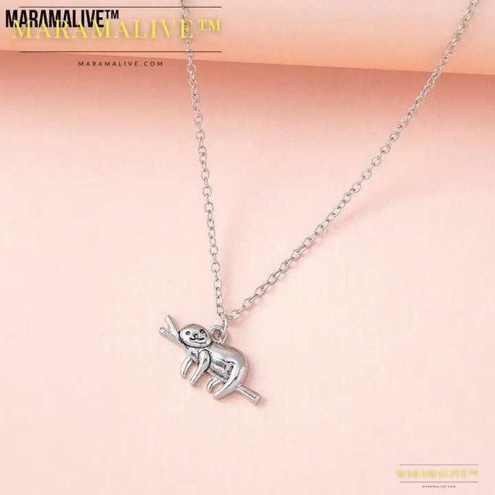 Silver Color Slow Down Be Happy Slider Sloth Pendant Necklaces