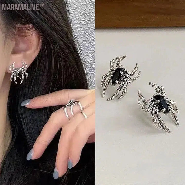 Silver Color Spider Stud Earrings for Women Unique Design Punk Personality Female Small Earrings Black Enamel Fashion Jewelry