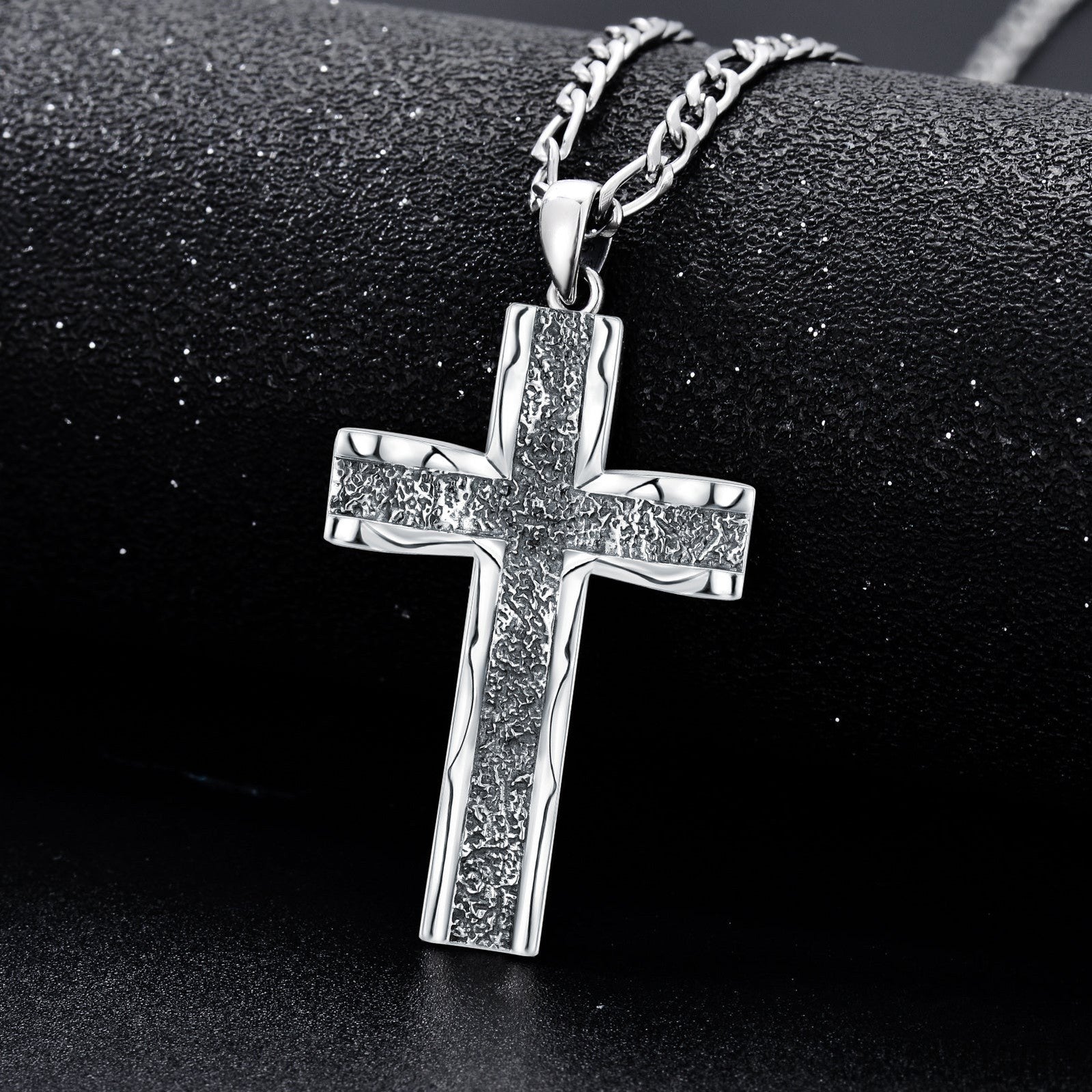 Silver Cross Pendant Necklace with Oxidized Chain