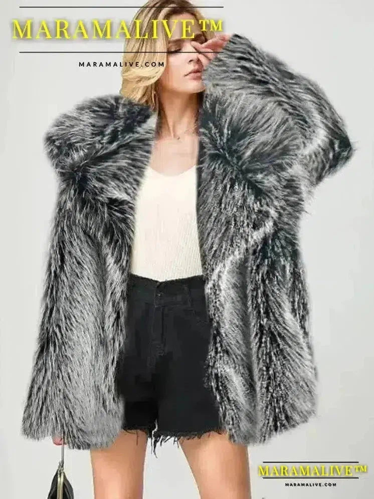 Silver Gray Faux Fur Coat Women Autumn Winter Large Jacket Overcoat Turn Down Collar Pockets Thick Coat Warm Jackets Maxi Coats