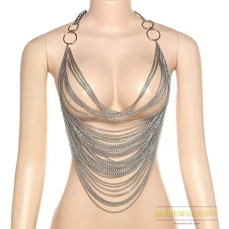 Silver Metal Chain Open Back Halter Top Sexy Festival Night Out Top Clubwear Womans Summer Clothes