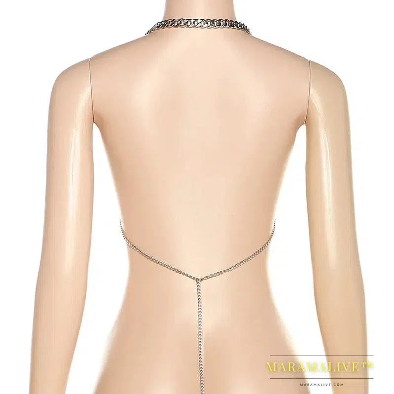 Silver Metal Chain Open Back Halter Top Sexy Festival Night Out Top Clubwear Womans Summer Clothes