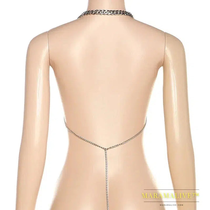 Silver Metal Chain Open Back Halter Top Sexy Festival Night Out Top Clubwear Womans Summer Clothes