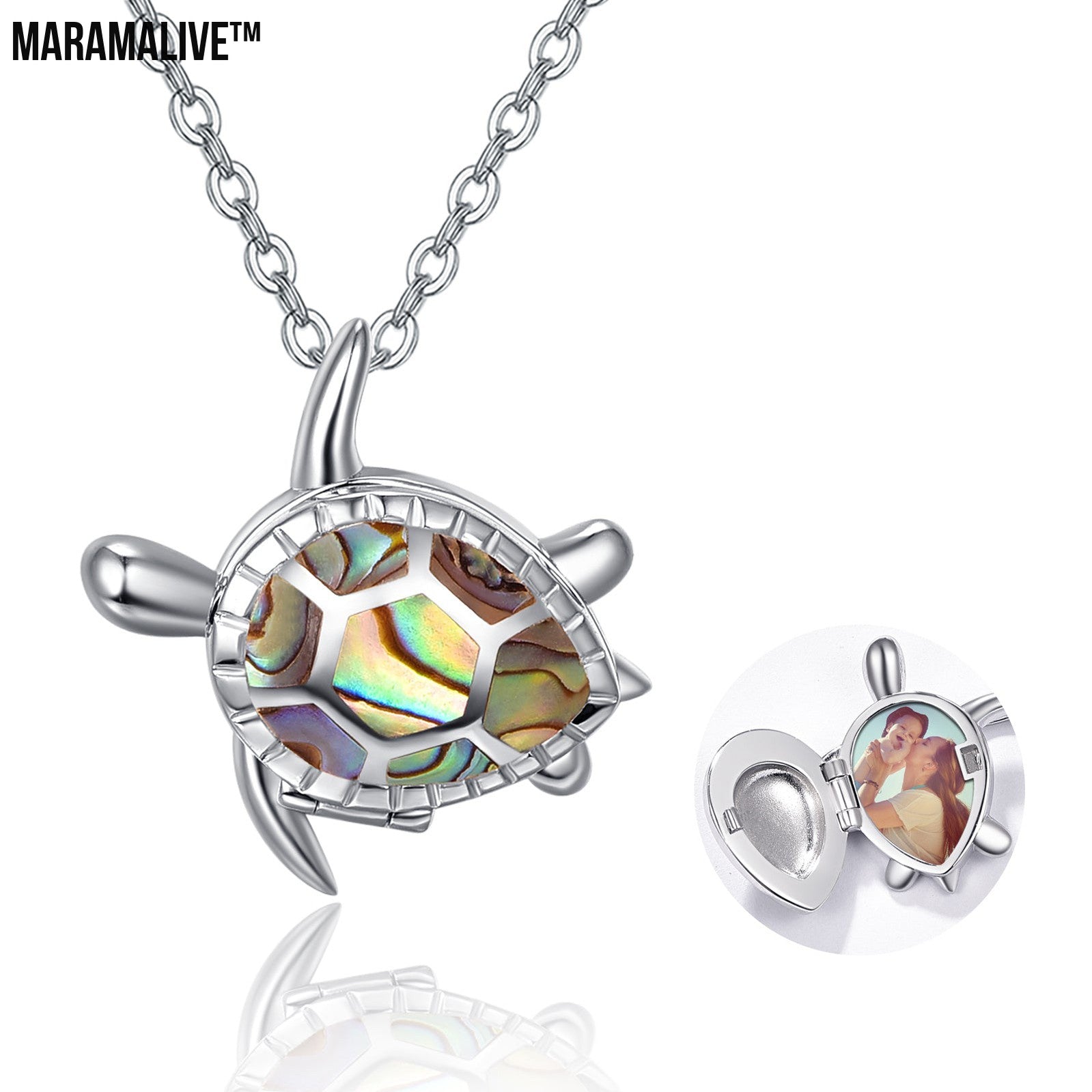 Silver Sea Turtle Locket Necklace | Abalone Shell Photo Pendant