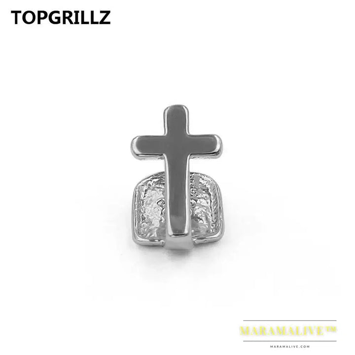 Single Cross Teeth Grillz Yellow Gold Color Plated Canine One Tooth Grills Upper Hip Hop Top Fangs Hollow Grill