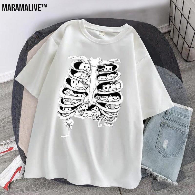 Skeleton Cat Gothic Print Round Neck Loose Men's And Women's T-shirt Short Sleeve