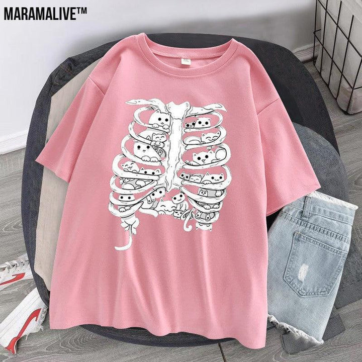 Skeleton Cat Gothic Print Round Neck Loose Men's And Women's T-shirt Short Sleeve