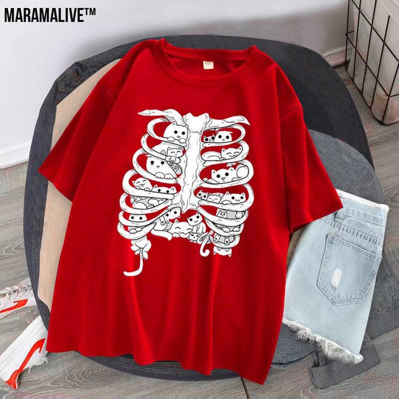 Skeleton Cat Gothic Print Round Neck Loose Men's And Women's T-shirt Short Sleeve