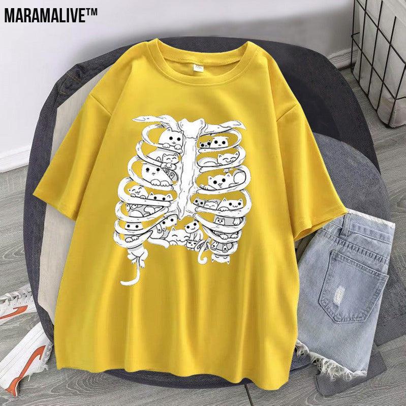 Skeleton Cat Gothic Print Round Neck Loose Men's And Women's T-shirt Short Sleeve