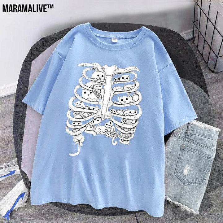 Skeleton Cat Gothic Print Round Neck Loose Men's And Women's T-shirt Short Sleeve