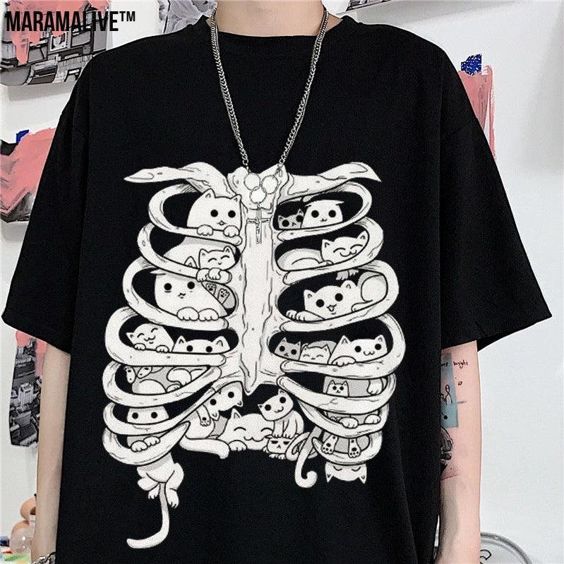 Skeleton Cat Gothic Print Round Neck Loose Men's And Women's T-shirt Short Sleeve