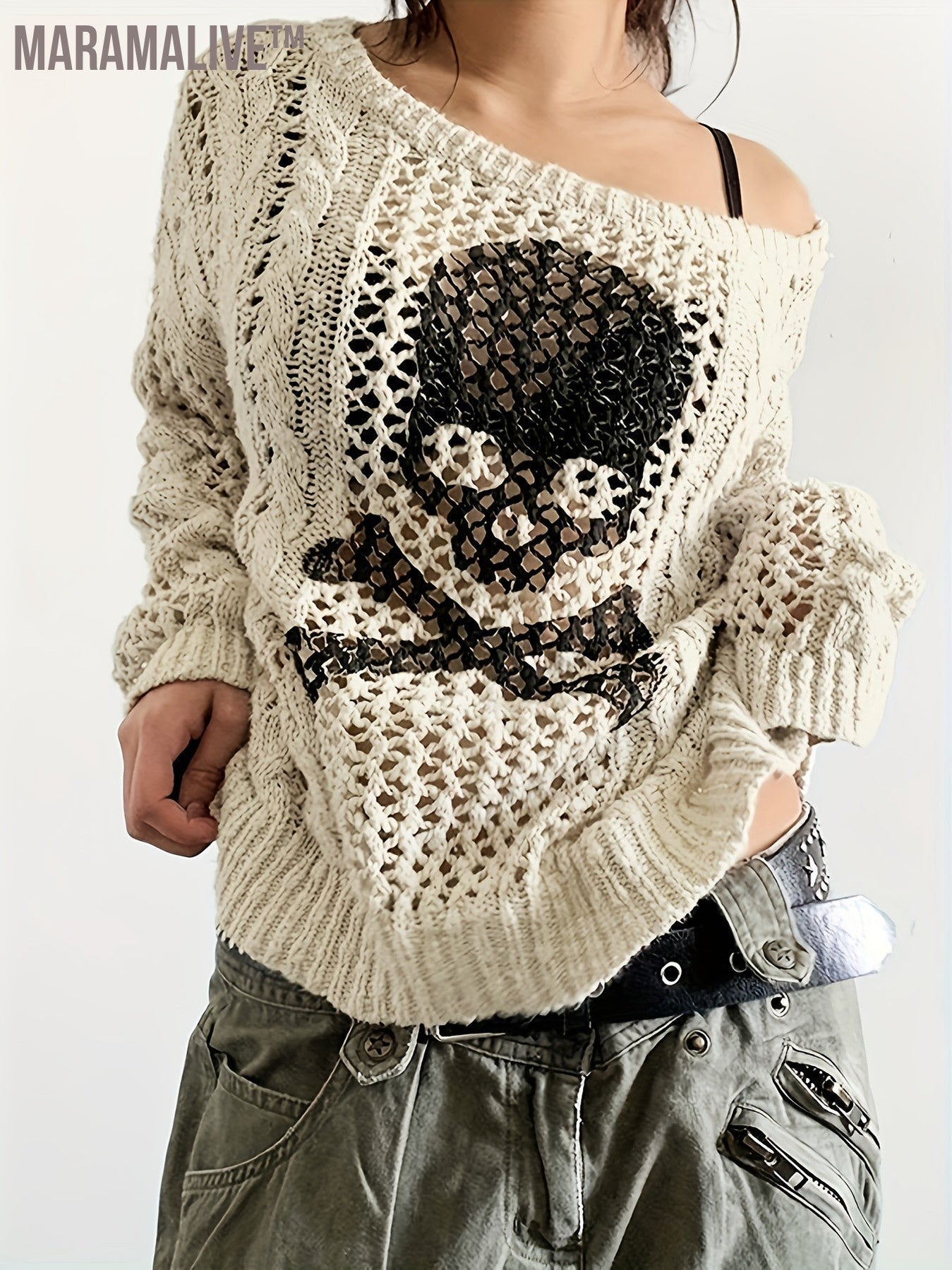 Skull Pattern Crew Neck Pullover Sweater, Casual Long Sleeve Sweater, Women's Clothing