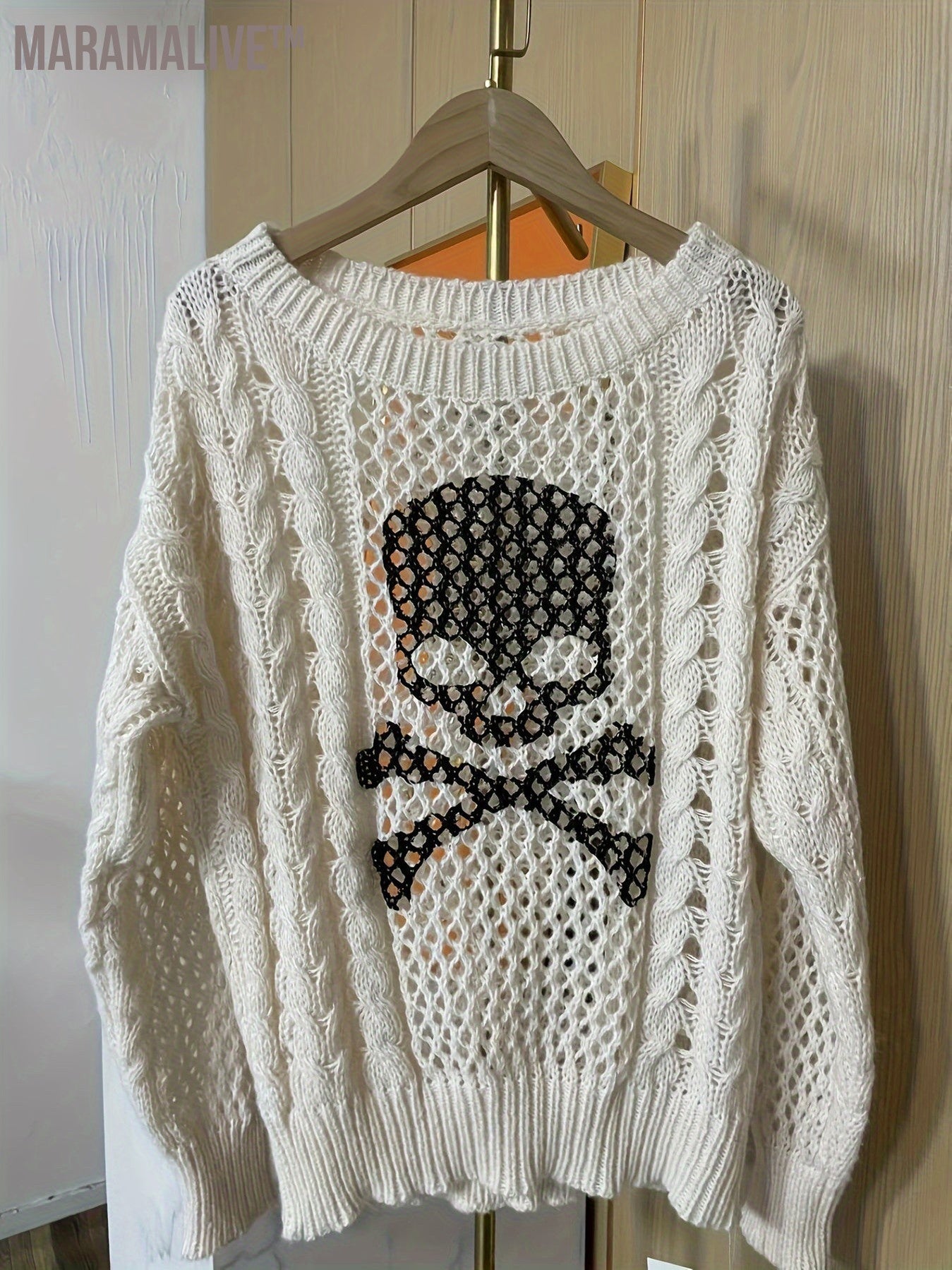 Skull Pattern Crew Neck Pullover Sweater, Casual Long Sleeve Sweater, Women's Clothing