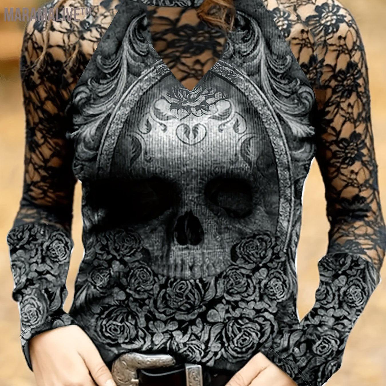 Skull Print Mock Neck T-Shirt, Casual Long Sleeve T-Shirt For Spring & Summer, Women's Clothing