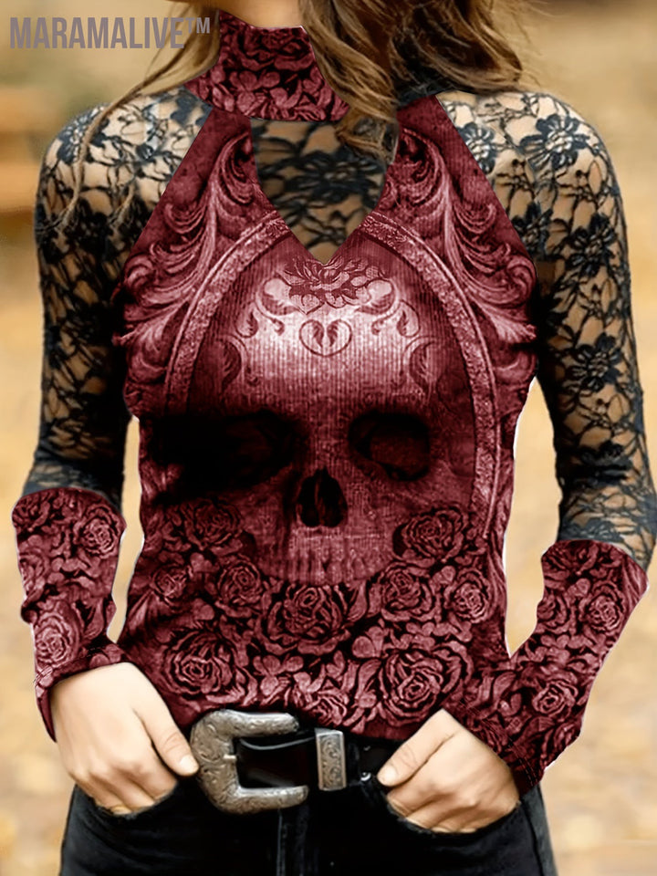 Skull Print Mock Neck T-Shirt, Casual Long Sleeve T-Shirt For Spring & Summer, Women's Clothing