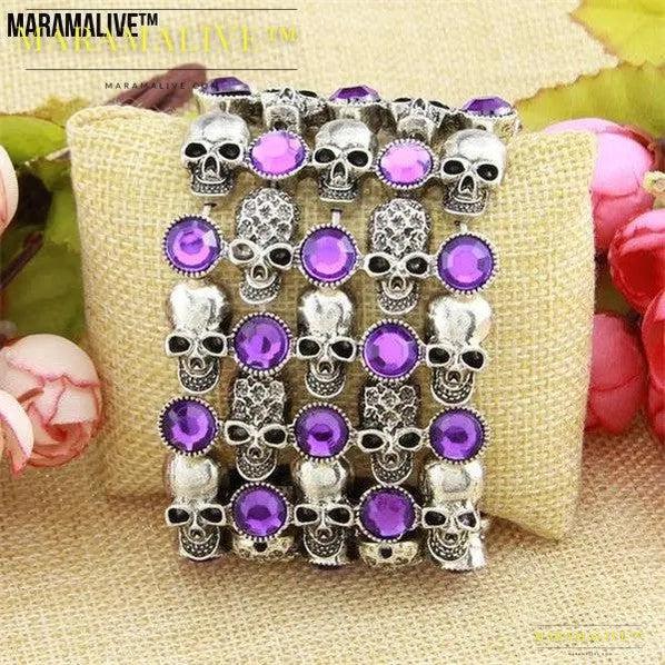 Skull skeleton stretch bracelet for women biker bling jewelry antique gold silver plated W crystal