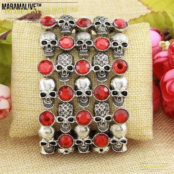 Skull skeleton stretch bracelet for women biker bling jewelry antique gold silver plated W crystal