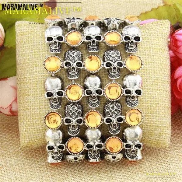 Skull skeleton stretch bracelet for women biker bling jewelry antique gold silver plated W crystal