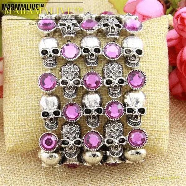 Skull skeleton stretch bracelet for women biker bling jewelry antique gold silver plated W crystal