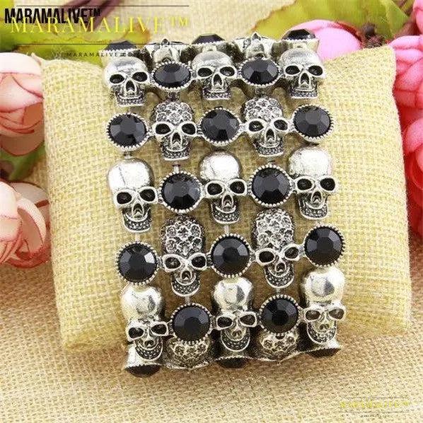 Skull skeleton stretch bracelet for women biker bling jewelry antique gold silver plated W crystal