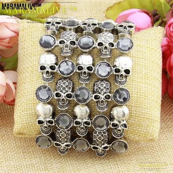 Skull skeleton stretch bracelet for women biker bling jewelry antique gold silver plated W crystal