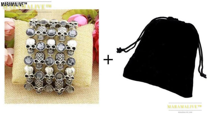 Skull skeleton stretch bracelet for women biker bling jewelry antique gold silver plated W crystal