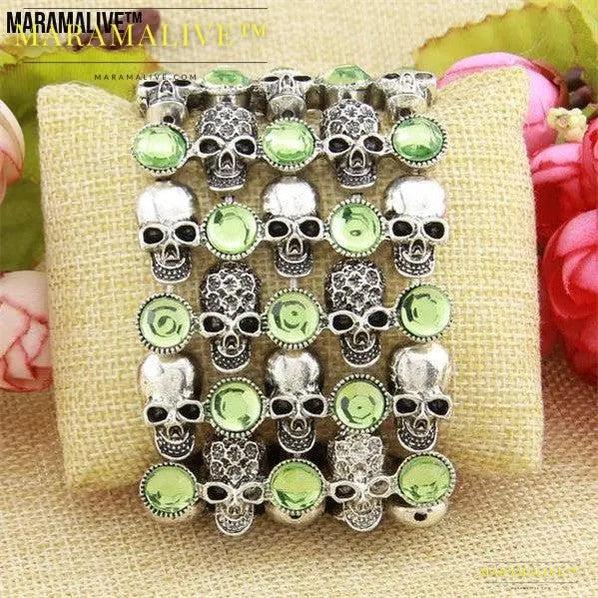 Skull skeleton stretch bracelet for women biker bling jewelry antique gold silver plated W crystal