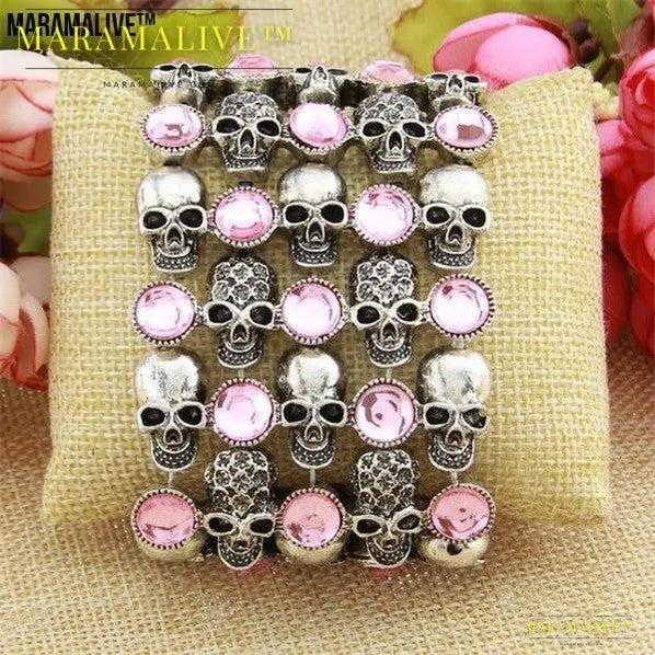 Skull skeleton stretch bracelet for women biker bling jewelry antique gold silver plated W crystal