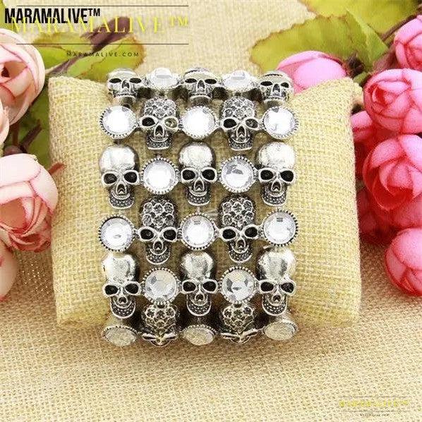 Skull skeleton stretch bracelet for women biker bling jewelry antique gold silver plated W crystal