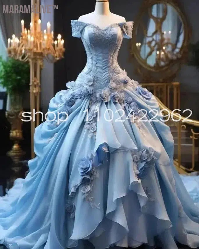 Sky Blue Fairy Victorian Prom Dresses in Gold Off Shoulder 3D Floral Ruffles Bustle Ruched Fantastic Evening Gown Costume Movie