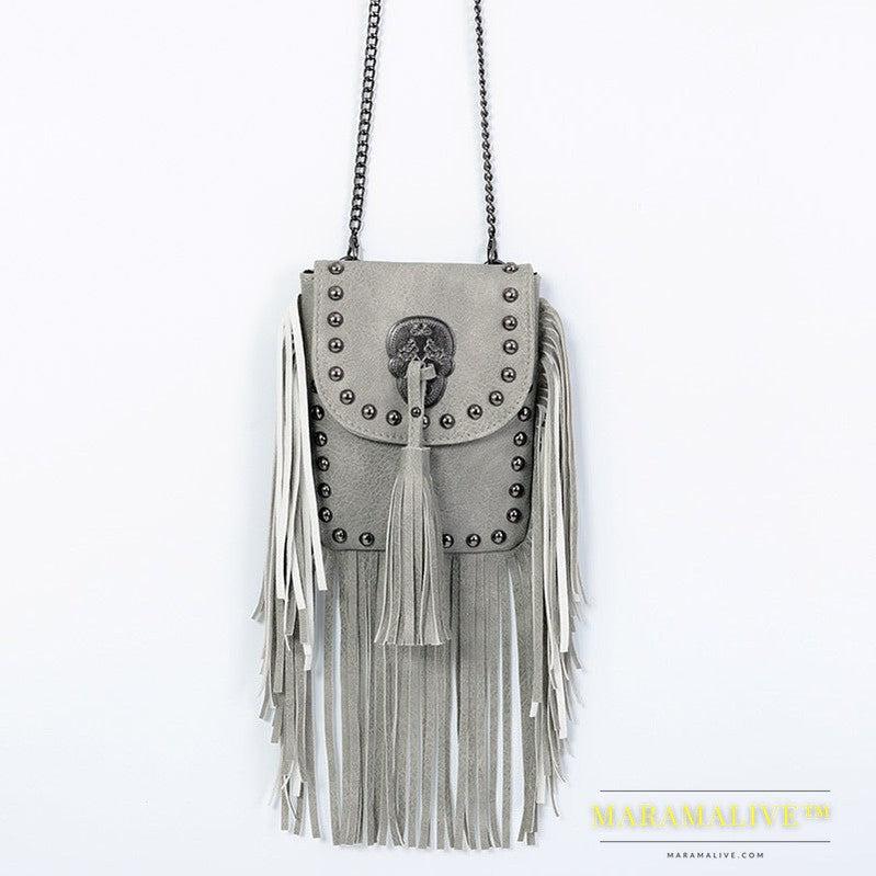 Sleek Soft Leather Studded Fringe Bag