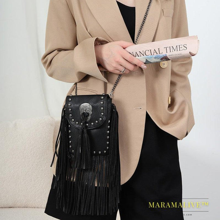 Sleek Soft Leather Studded Fringe Bag