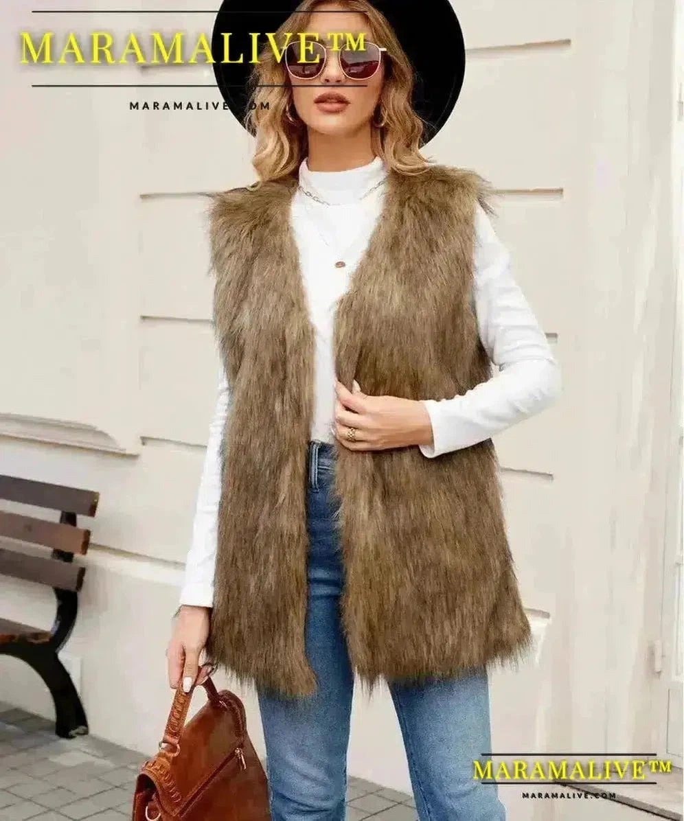 Sleeveless Jacket Women Faux Fur Vest V Neck Thick Jackets High Street Cardigan Coat Elegant Female Warm Vests Winter 2024