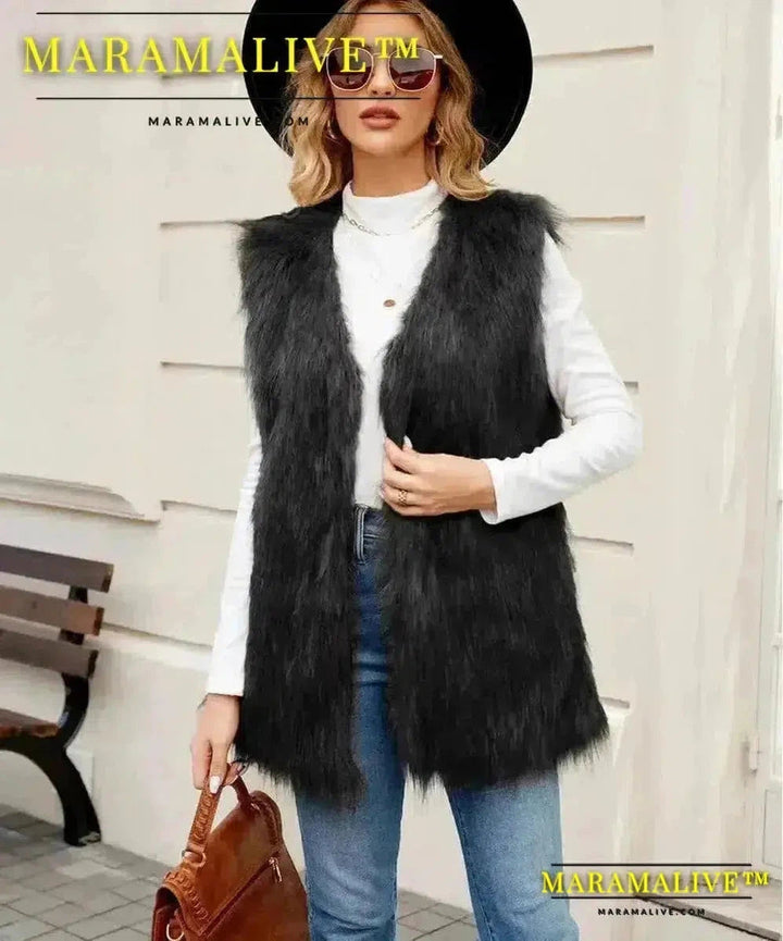 Sleeveless Jacket Women Faux Fur Vest V Neck Thick Jackets High Street Cardigan Coat Elegant Female Warm Vests Winter 2024