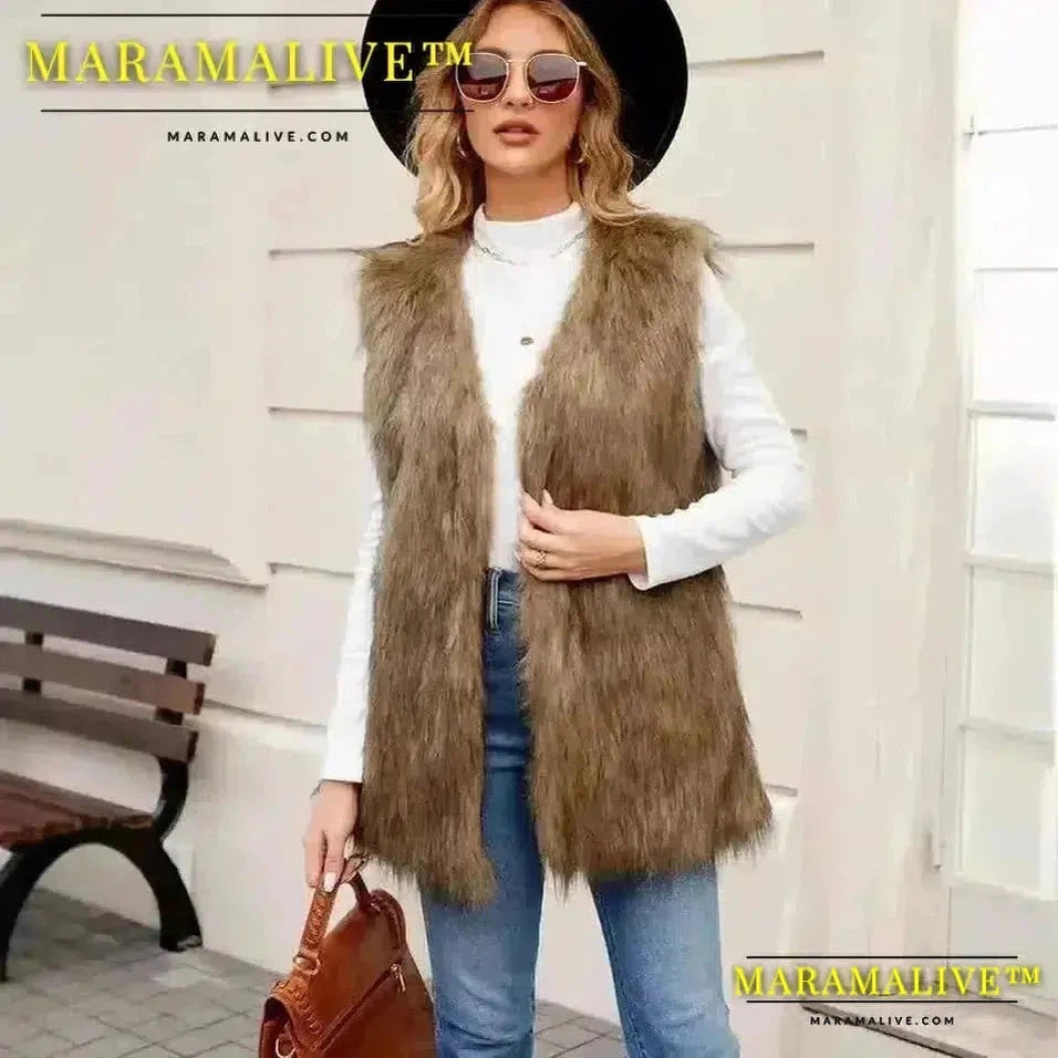 Sleeveless Jacket Women Faux Fur Vest V Neck Thick Jackets High Street Cardigan Coat Elegant Female Warm Vests Winter 2024